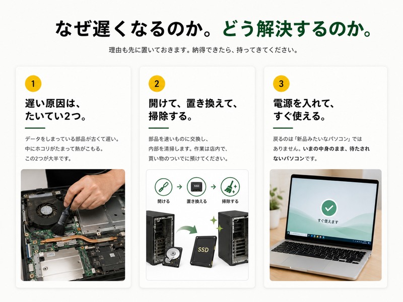 なぜ遅くなるのか。どう解決するのか。理屈も先に置いておきます。納得できたら、持ってきてください。
① 遅い原因は、たいてい2つ。データをしまっている部品が古くて遅い。中にホコリがたまって熱がこもる。この2つが大半です。
② 開けて、置き換えて、掃除する。部品を速いものに交換し、内部を清掃します。作業は店内で、買い物のついでに預けてください。
③ 電源を入れて、すぐ使える。戻るのは「新品みたいなパソコン」ではありません。いまの中身のまま、待たされないパソコンです。